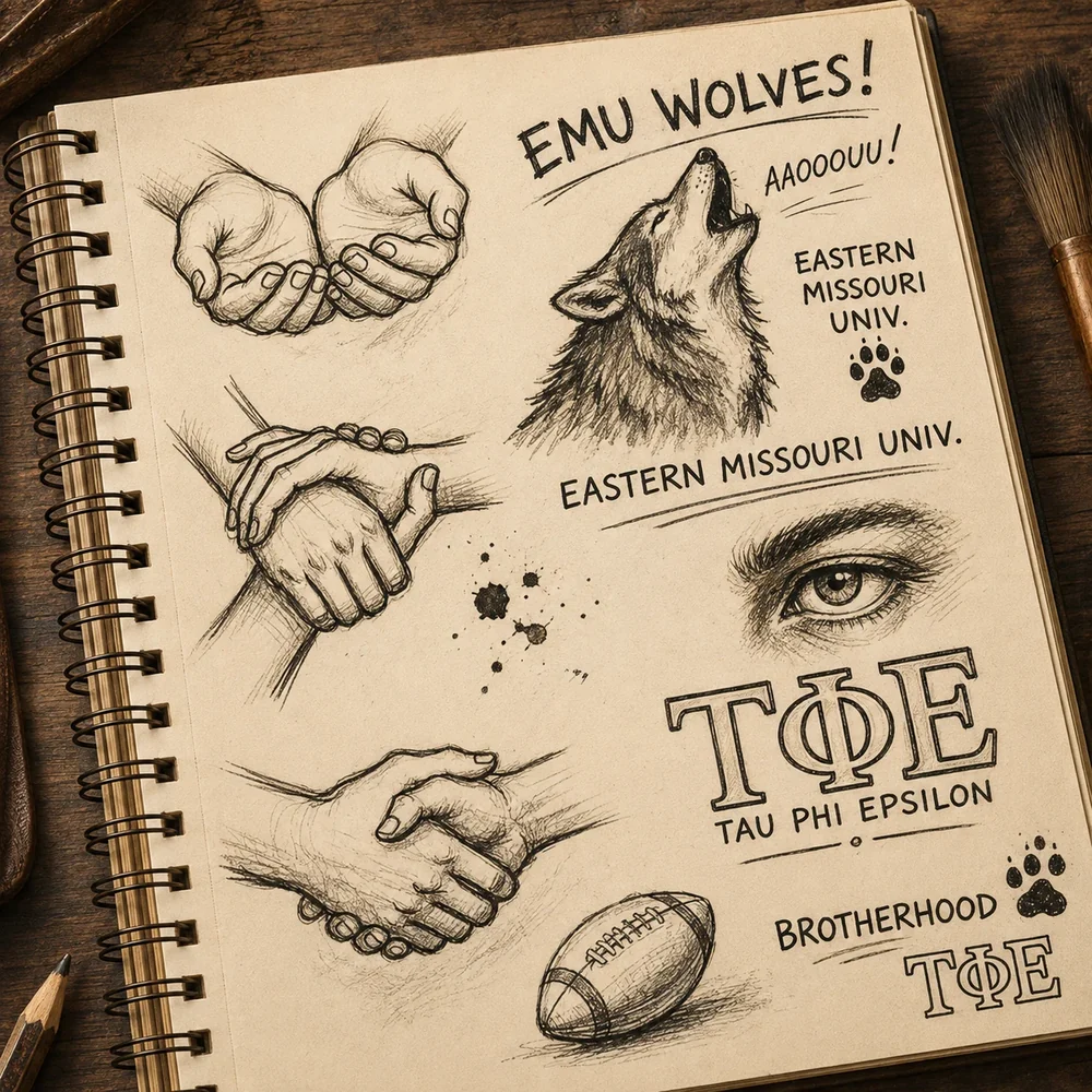 A page from Bear's sketchbook with drawings of hands, an EMU wolf, fraternity letters, and a football.