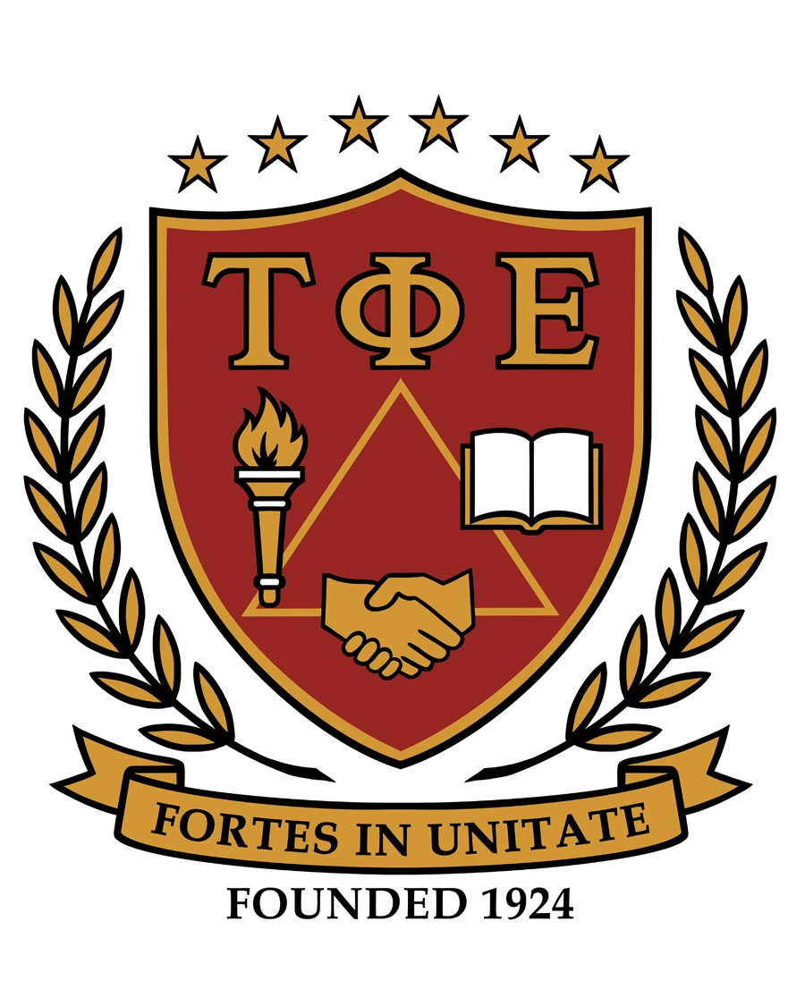 Tau Phi Epsilon fraternity crest with crimson shield and gold symbols