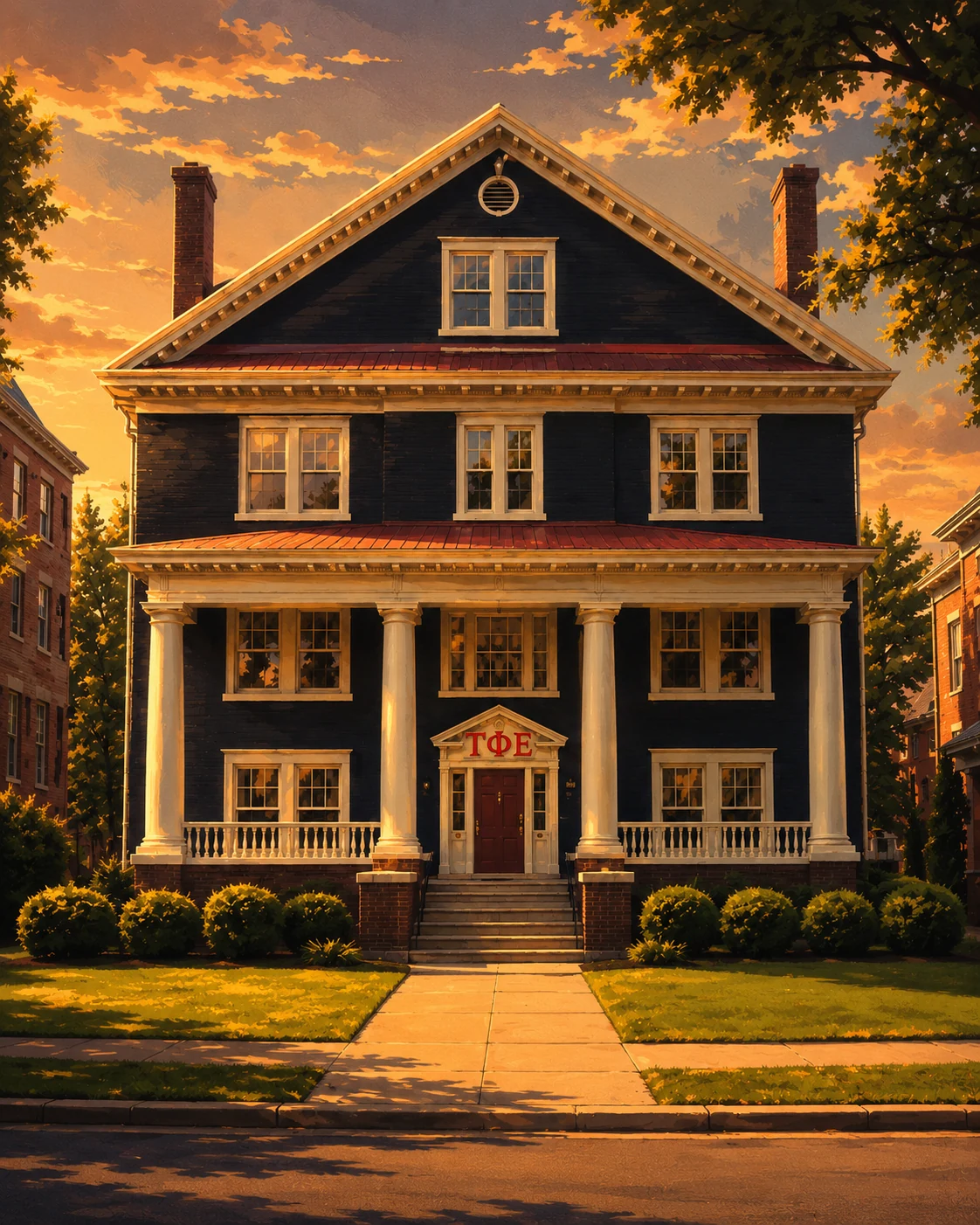 Stylized view of the Tau Phi Epsilon chapter house with dark exterior, white columns, red roof accents, and crimson fraternity letters